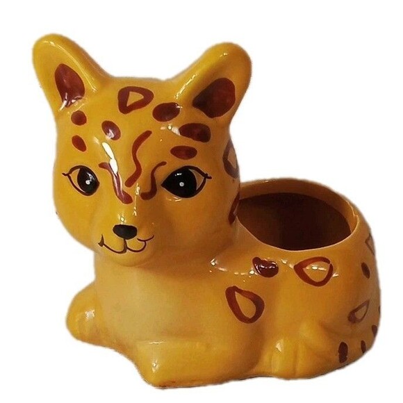 Yellow Spotted Cat‎ Votive Holder Possibly Hand Painted - Picture 1 of 13
